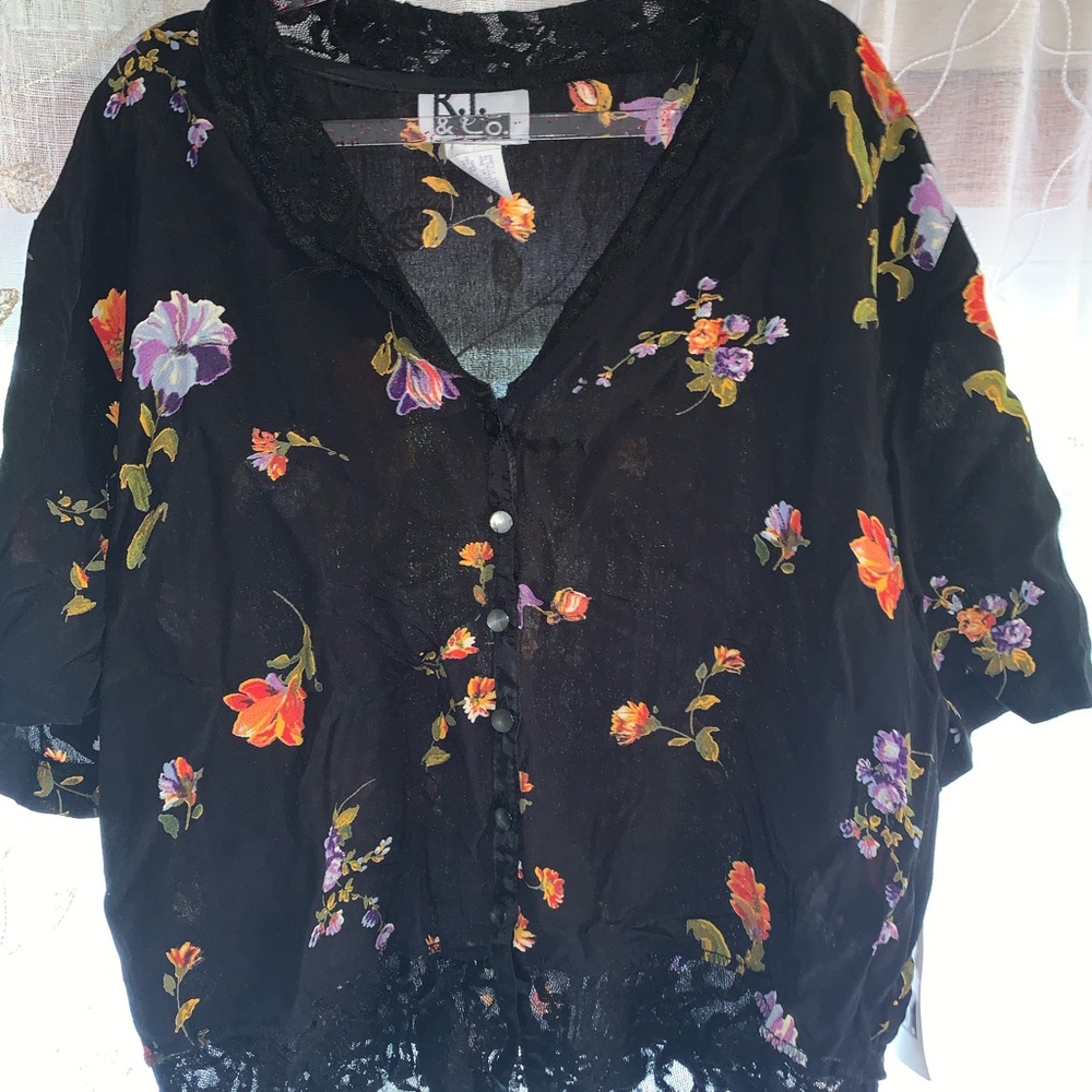 Chic Sheer Black Floral Blouse with Lace Trim – Romantic Button-Front Top